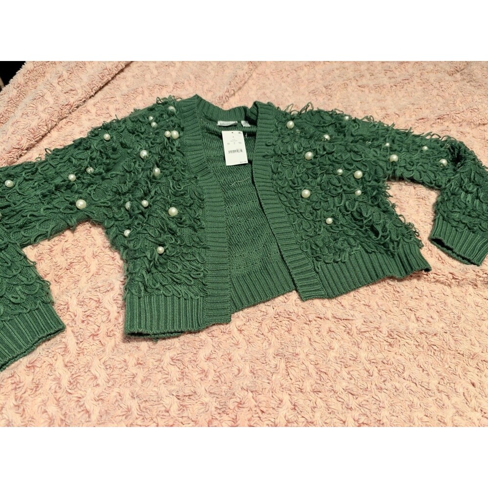 Mighty Fine Cardigan Sweater Womens Green Shaggy Loop Pearl Detail Open Front S
